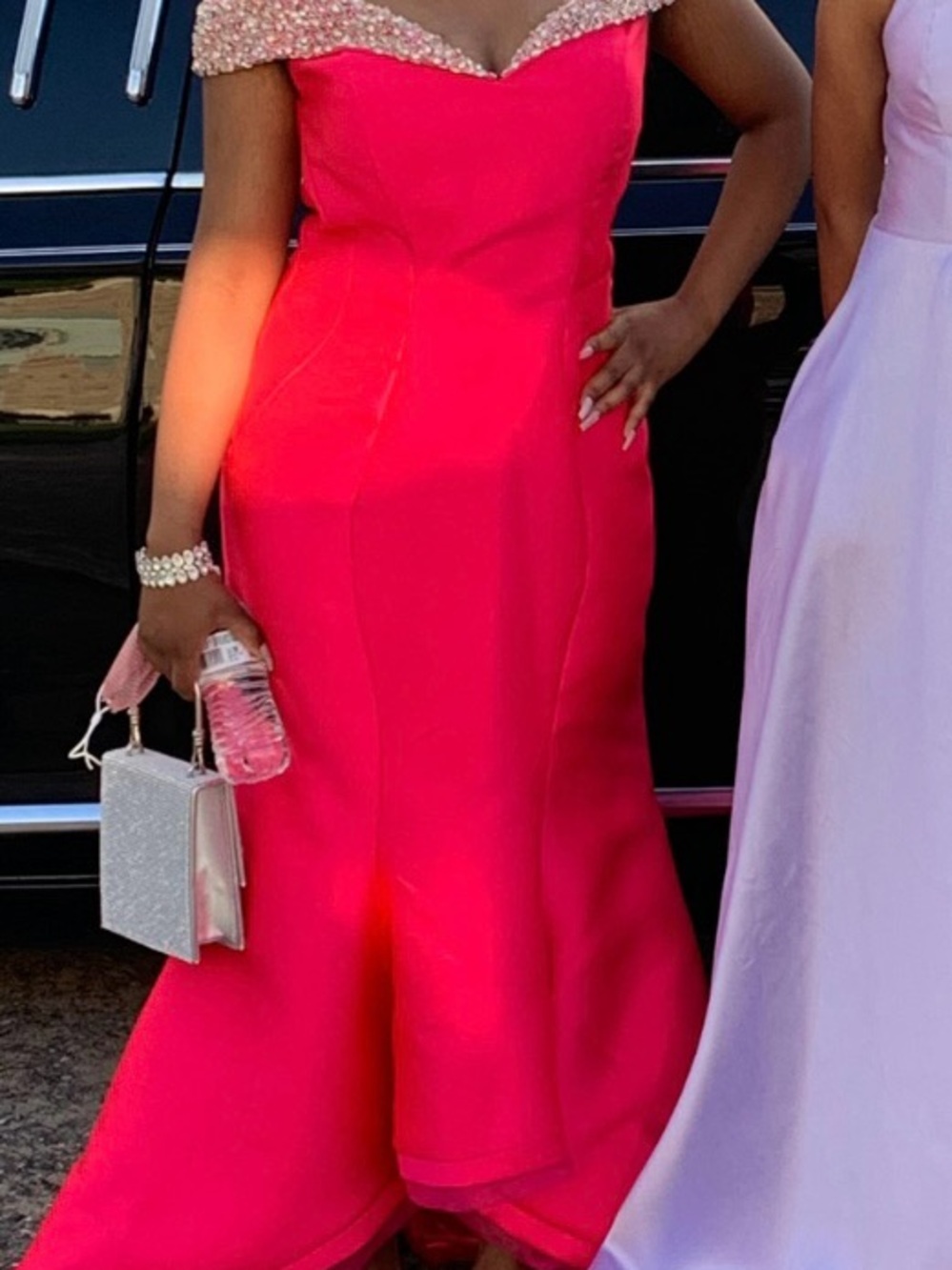 Fuchsia Off-Shoulder Mermaid Gown with Beaded Trim
